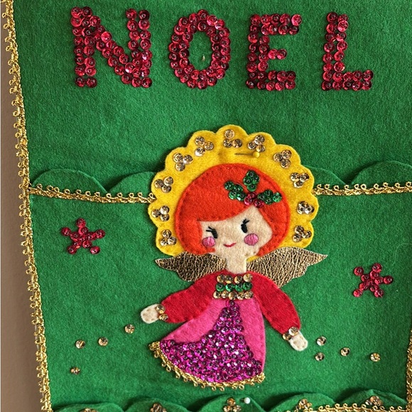 Vintage Christmas wall hanging card holder decor felt three pockets - Picture 3 of 3